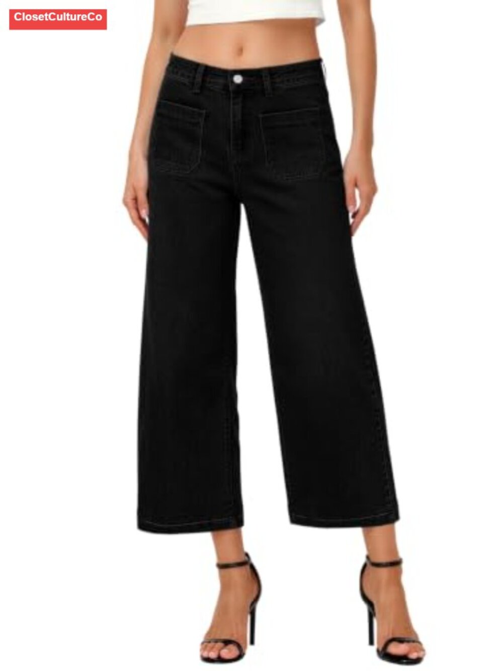 High Waist Wide Leg Cropped Stretchy Denim Jeans with Pockets